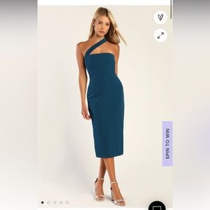 LuLus Hold Your Attention Teal Blue One-Shoulder Sleeveless Midi Dress